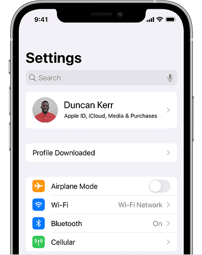 Profile Downloaded button in Settings